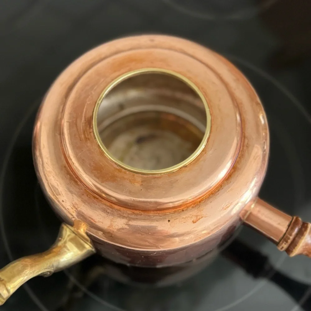 Vintage Copper Coffee  Pot With Side Wooden Handle bell on Top  Mexico